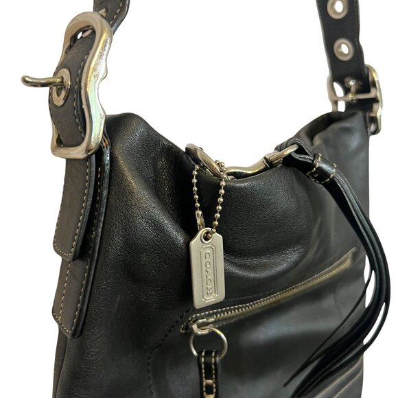 COA Coach Black Leather Shoulder Bag Tote Purse Duffle Tassel White Stitch Fring - Picture 7 of 15
